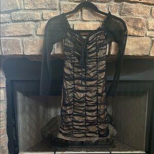 NWT Elegant Black and Tan Mesh Ruched Dress. “Maura Mesh Dress” Sheer sleeves XS